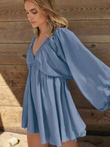 Women's Summer Vacation Solid Color Deep V-Neck Lantern Sleeve Backless Dress