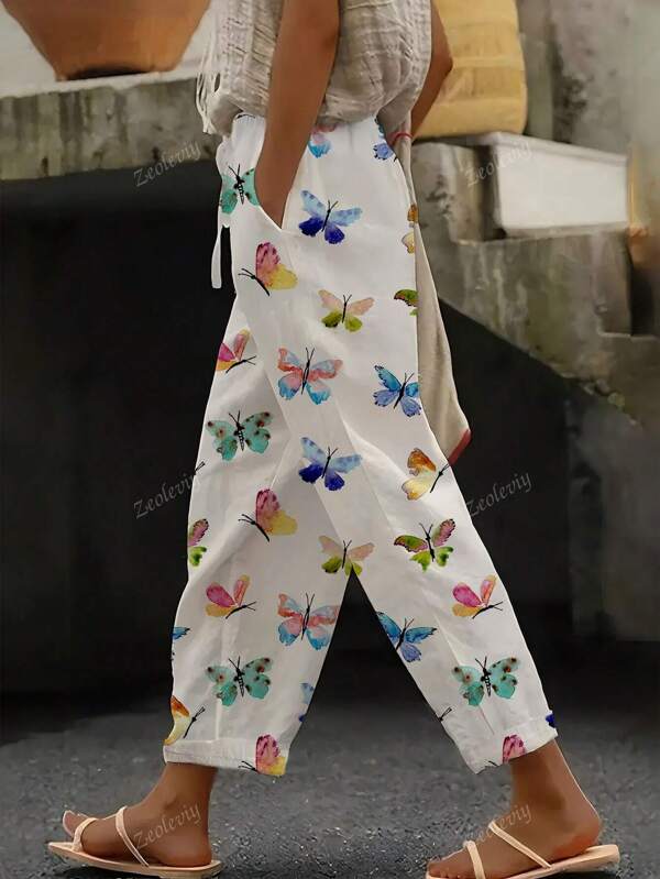 Women's Casual Elastic Waist Lounge Pants - Butterfly Print Loose Fit Trousers With Pockets, All-Season Comfortable & Stylish Wear For Everyday Fashion
