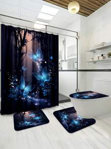 1/4 Pcs Butterfly Printed Bathroom Shower Curtain Set, Fashion Bathroom Decoration, Waterproof Fabric Shower Curtain Set With 12 Hooks, Anti-Slip Bathroom Mat, U-Shaped Toilet Seat Cover Bathroom Accessories