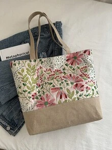 Sac fourre-tout à motif floral mode, sac à bandoulière léger peint, sac de shopping casual, convient pour les déplacements quotidiens des femmes, les étudiantes, les voyages, le tourisme, le travail, les jeunes filles - Rose bonbon - Voir 6