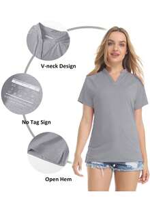 Women's UPF50+ V-Neck Collarless Polo Shirts Summer UV Protection Short Sleeve Casual T-Shirts Quick Dry Breathable Lightweight Golf Tennis Tops - Light Grey - View 5