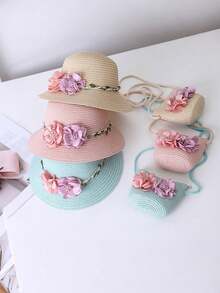 Two Pieces Girls Hat Summer New Cute Princess Fairy Flower Straw Hat Princess Bag Sun Protection Sun Hat Princess Outing Beach Hat Cute Suitable For Daily - Flowers - View 2