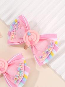 2pcs/Set Girls' Pink Satin Hair Clips - Pink Lollipop Pendant And Rainbow Stripes, Cute Hair Clips Suitable For Girls, Teens, Birthdays, Summer Party Accessories, Teen Hair Accessories, Also Suitable For Daily Wear - Multicolor - View 6