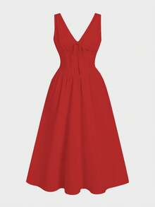 2025 新款复古性感 V 领收腰蝴蝶结雪纺连衣裙，A 字腰中长款海滩太阳裙，鸡尾酒会假日露背礼服