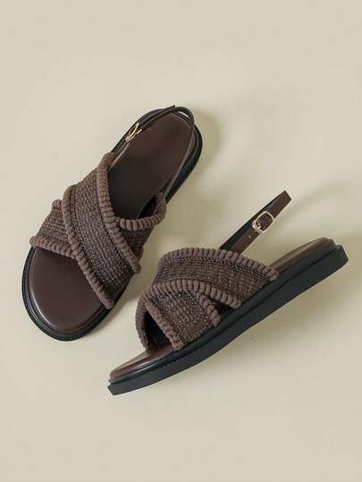 Thick Sole One-Strap Buckle Sandals, Suitable For Outdoor, Beach, Open Toe, Wedge Heel, Retro Bohemian Style, Soft Bottom, Non-Fatiguing, Coffee Brown, Tassel Woven Mesh, Wedge Soft Bottom, Summer New 2026 Spring/Autumn, One-Strap Criss-Cross Strap Roman Sandals, Plus Size Women Shoes Size 41-43