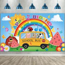 1pc Happy Birthday Party Backdrop Banner With Cartoon Watermelon, Rainbow, Farm Animals, School Bus Background, Suitable For Birthday Party, Cake Table, Photo Booth, Theme Party Decor, Gift