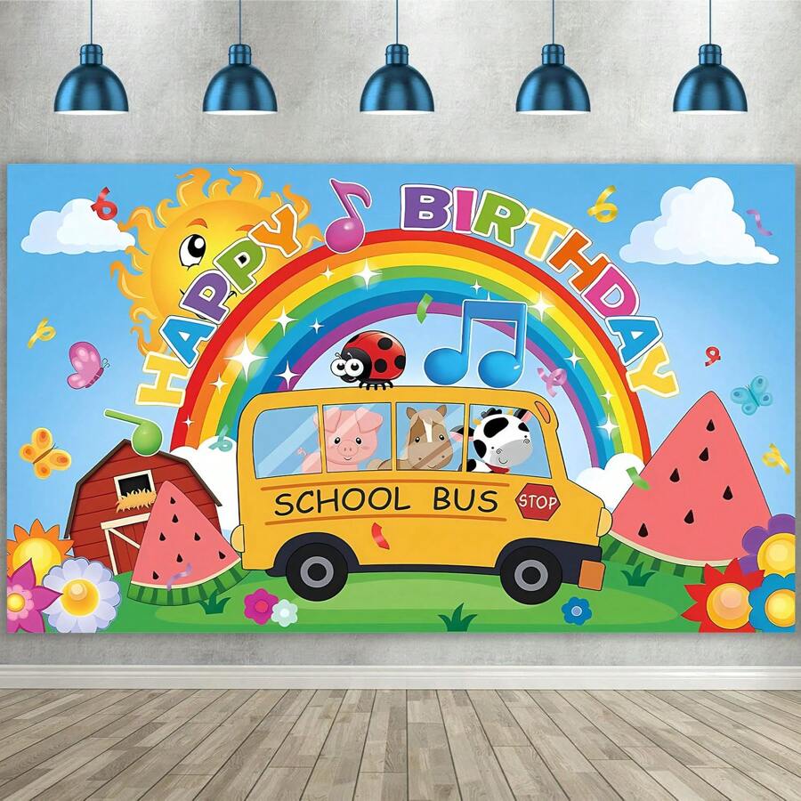 1pc Happy Birthday Party Backdrop Banner With Cartoon Watermelon, Rainbow, Farm Animals, School Bus Background, Suitable For Birthday Party, Cake Table, Photo Booth, Theme Party Decor, Gift