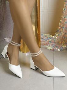 New Fashion Women's White High-Heel Shoes, Thick Heel, Minimalist Mule Sandals With Pearl Bowknot Pointy Toe, Mary Jane Mid-Heel Shoes For Summer