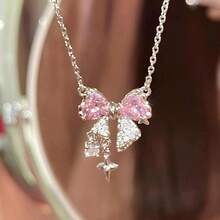 1pc Bow Crystal Rhinestone Necklace For Women, High-End