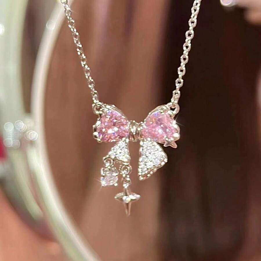 1pc Bow Crystal Rhinestone Necklace For Women, High-End