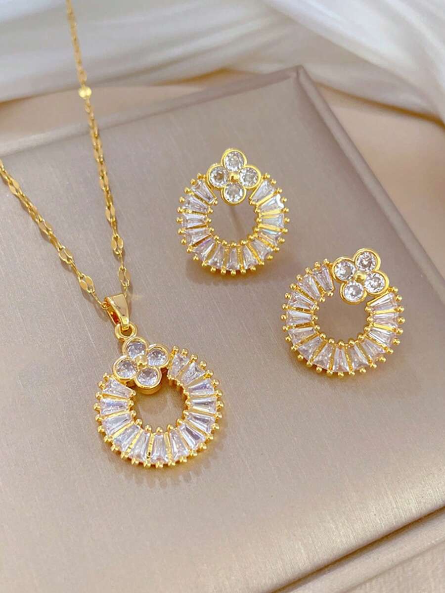 1 套不锈钢链铜镶嵌项链和耳环套装，奢华立方体水钻个性化派对珠宝礼品配件 - 金色 - 查看 1