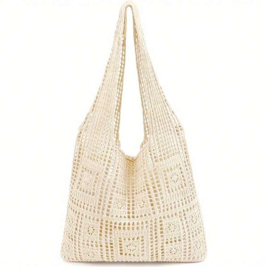 Women's Crochet Beach Tote Bag, Pockets, Beach Mesh Knit Handbag, Summer Beach Tote Bag, Portable Knit Tote Bag, Backpack Back To School, Large College Backpack, Large Women's Tote Bag, Ladies Party Bag, - Beige - View 1