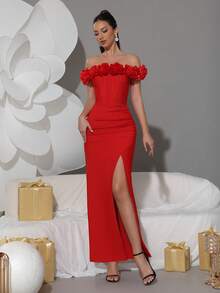Modphy Nuevo vestido de tubo sólido y sexy con hombros descubiertos, confeccionado a mano con flores 3D, elegante para vacaciones, bodas, damas de honor, fiestas de cumpleaños, vestidos de noche formales, vestidos de fiesta, vestidos para invitados de boda - Rojo - Ver 4