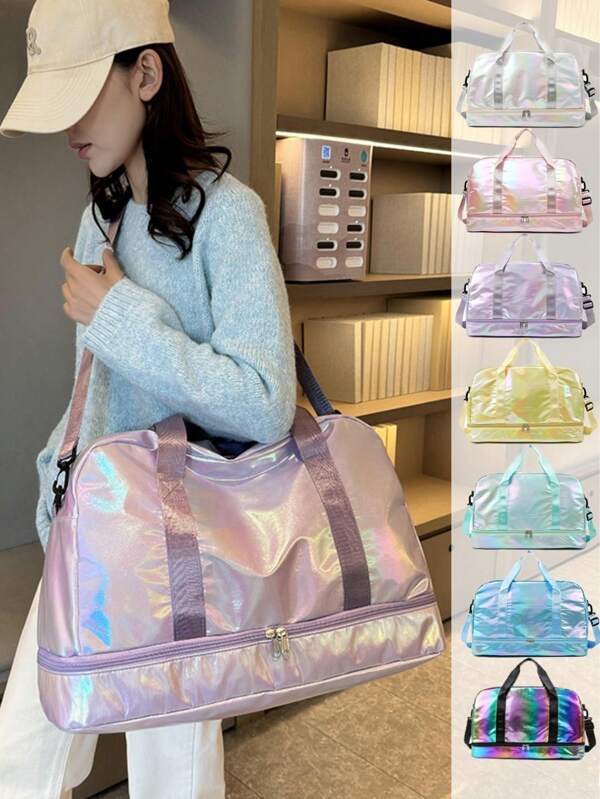 Glossy Iridescent Sports Gym Bag,With Shoes Compartment & Wet Dry Storage Pockets For Women Men Large Capacity Travel Duffel Bag Suffle Women Bags