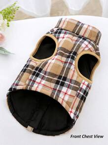 1pc Khaki Flannel Plaid Gourd Quilted Dog Coat With Back Zipper, Washable Pet Jacket Suitable For Large, Medium And Small Dogs, For Home Or Outdoor Wear