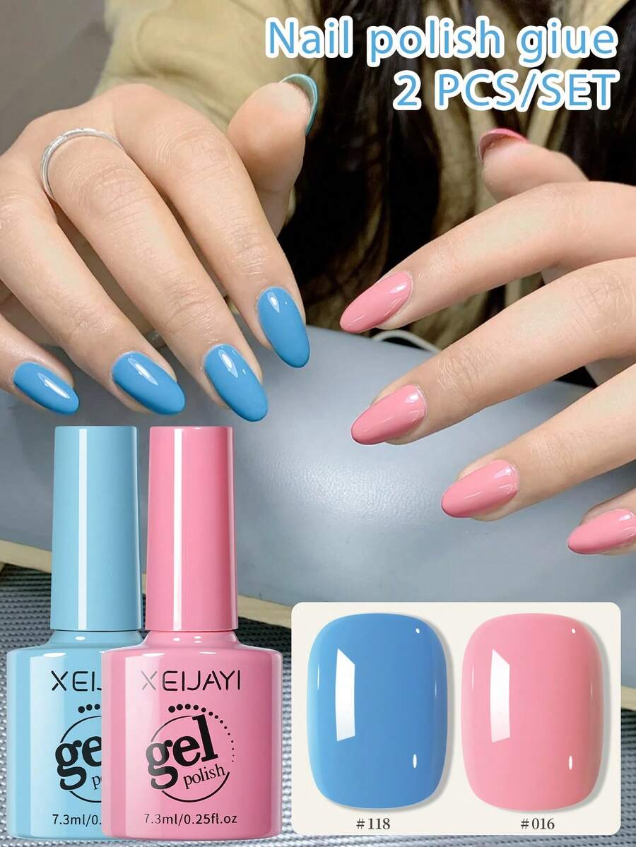 XEIJAYI 2 件装 7.3 毫升蓝色和粉色凝胶指甲油 - 无味、持久闪光效果，适合 DIY 家庭沙龙使用 - 非常适合美甲，易于涂抹，是春夏季送给女性的完美礼物
