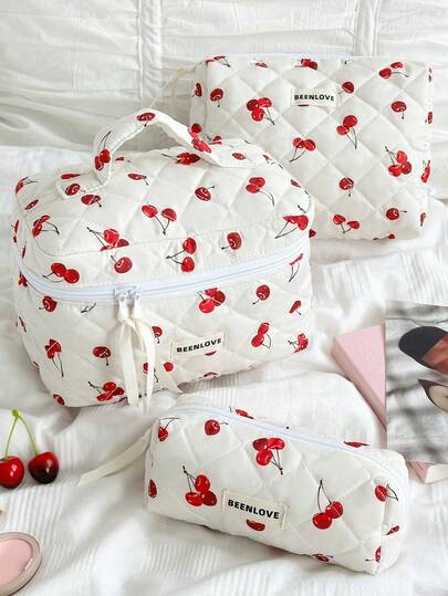 1件/套樱桃图案泡沫绗缝化妆包，可爱大容量带提手化妆包，便携式旅行度假洗漱包，红色多功能收纳包，时尚休闲化妆包，双面印花S/M/L收纳包，轻便手提化妆包，适合新学期、春/初夏、周年纪念、度假、日常使用，化妆包，化妆袋，旅行必备，大容量，大号化妆包，女士礼物，圣诞礼物，女士礼物推荐