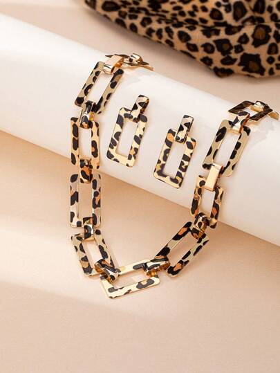 Set de 3 piezas de collar y aretes con cadena y decoración metálica con estampado de leopardo dorado, ideal para uso diario y atuendos de fiesta