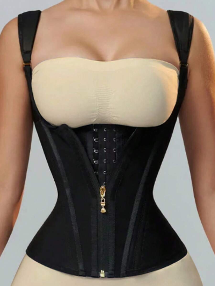 Ceinturon de contrôle du ventre en maille élastique haute avec 15 baleines de soutien, fermeture éclair vintage pour femmes