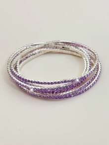 6pcs Women 2mm Ultra Thin Crystal Elastic Bracelet, Transparent White Rhinestone Silver Color Bangle, Shiny Zirconia Embedded Fashion Party Vacation - S-light Violet*6PCS - View 3