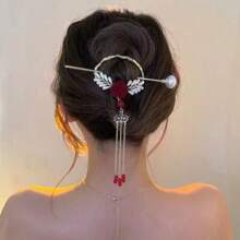 Vintage Rose Tassel Bow Tassel Hairpin Hair Clip Luxury Rhinestone Pearl Red Rose Hairpin Long Fringed Tassel Hair Accessories Hair Bun Hair Bun Maker Bun Hair Piece Hair Styling Pins