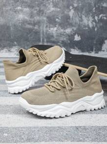 Lightweight & Breathable Khaki Casual Sneakers,Unisex Wide Fit Knitted Fabric, Comfortable Slip-On,Suitable For Spring/Summer, Casual Wear, Gifts, Travel, Outdoor Running