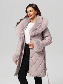 Chaqueta acolchada para mujer Risissida para exteriores con cuello de piel sintética, cinturón con ribete - Abrigo acolchado minimalista largo para otoño e invierno
