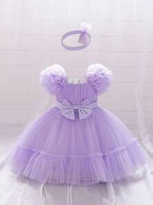 1件女婴荷叶边薄纱蝴蝶结可爱一周岁生日派对连衣裙，适合花童婚礼庆典，附赠发带 - 淡紫色 - 查看 6