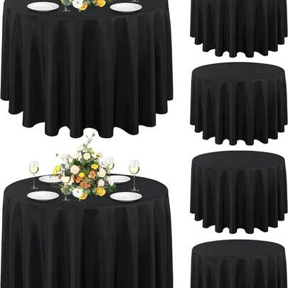 黑色缎面圆形桌布，优雅婚礼桌布，荷叶边设计，直径145/180/200/228厘米，涤纶材质，适用于婚礼装饰、订婚仪式、新娘送礼会、婴儿送礼会、性别揭晓派对、室内/户外活动、野餐、节日、家居装饰、厨房等场合。
