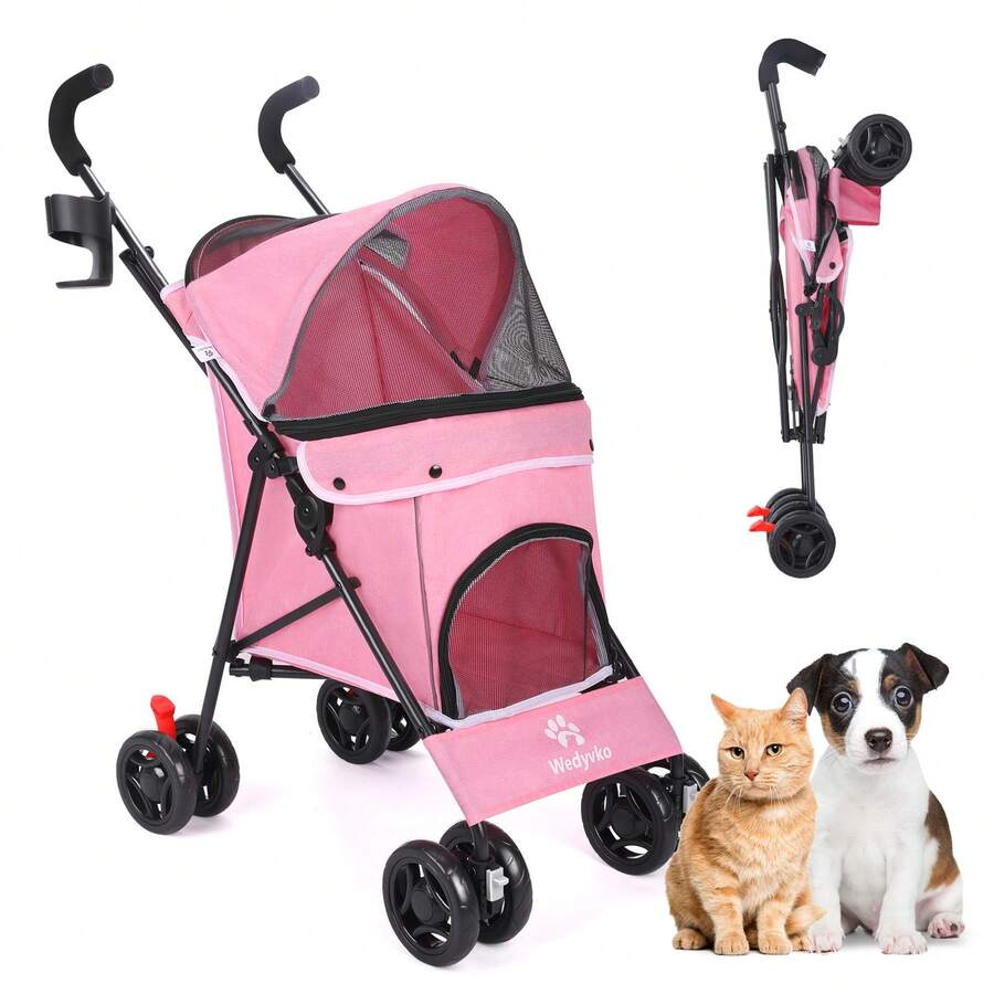 Wedyvko 4-Wheel Pet Stroller For Small/Medium Dogs & Cats, Lightweight Foldable Dog Carrier For Jogging/Travel/Mall, Breathable Mesh Puppy Stroller With Storage Basket & Cup Holder - 粉色 - 查看 1