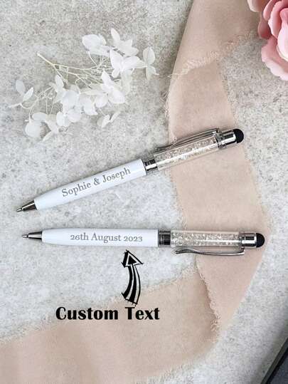 2pcs Custom Wedding Crystal Pen With Velvet Sleeves, Custom Laser Engraved With A Heart Or Wedding Ring For Your Wedding Day Guests, Personalised Custom Engraved Blue Ink White & Silver Wedding Signing Ballpoint Pen Premium Signature Marriage Pen, Presentation Name Option, Durable, Colorful, Cute, Adorable, Funny, Kawaii, Y2K, Stylish, Unisex, Casual, Custom, Personalized, Unique, Customized, Ideal Gifts For Him, Ideal Gifts For Her, Her, Boyfriend, Girlfriend, Family, Friends,School Supplies,Back To School,School Gift,For Office,For School,For Classroom,For Teacher Gifts,For University,For Colleague,For Dorm Rooms,For Teacher,For Boys And Girls,For Teenagers,Junior High School Students,Middle School Students,High School Senior High School Students,College Students,University Students,Freshman,Sophomore,Underclassmen