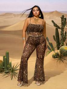 Plus Chic Leopard Print Cami Romper & Flared Pants Set – Summer Outfit For Street Style, Poolside Evenings & Stylish Urban Outings - Brown - View 5