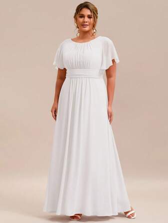 EVER-PRETTY Elegante Brautkleid Chiffon Kleider mit Rundhals und kurzen Ärmeln in Große Größen, weiße formelle Kleider für die Braut