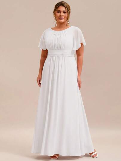 Plus Size Elegant Chiffon Round Neck Short Sleeve Bridal Wedding Dresses White Formal Dresses, Bride