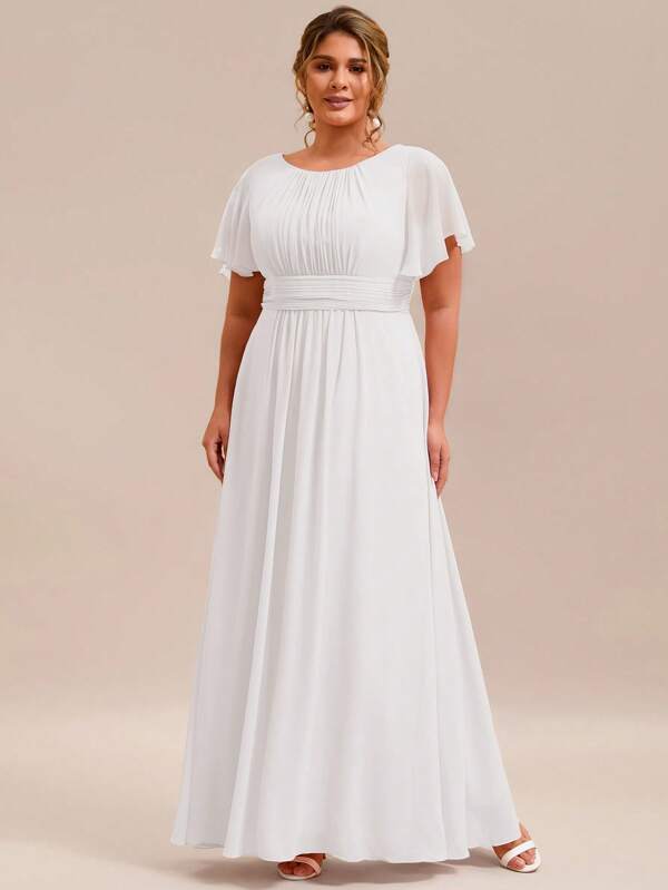 EVER-PRETTY Elegante Brautkleid Chiffon Kleider mit Rundhals und kurzen Ärmeln in Große Größen, weiße formelle Kleider für die Braut
