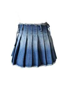 Minifalda de mezclilla plisada con efecto desgastado y degradado sexy, para verano - Azul lavado medio - Ver 3