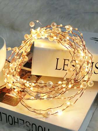 1pc 2m/5m 20/50 LED Pearl Copper Wire Fairy String Lights, DIY Lights, Suitable For Birthday Party Decor, Home Decor, Photo Wall Decor, Wedding Decor, Mother's Day Decor, Valentine's Day Decor