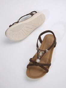 Women Comfortable Flat Braid Beaded Round Toe Solid Color Slingback Strap Sandals - Brown - View 9