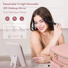 Makeup Bag,Travel Makeup Bag,Behaesty Travel Makeup Bag With LED Mirror Double Layer, Detachable Vanity Mirror With Lights, Tri-Light Dimmable, Makeup Case With Adjustable Dividers And Brush Holder Cosmetic Organizer Storage Box For Women - Pink - View 4