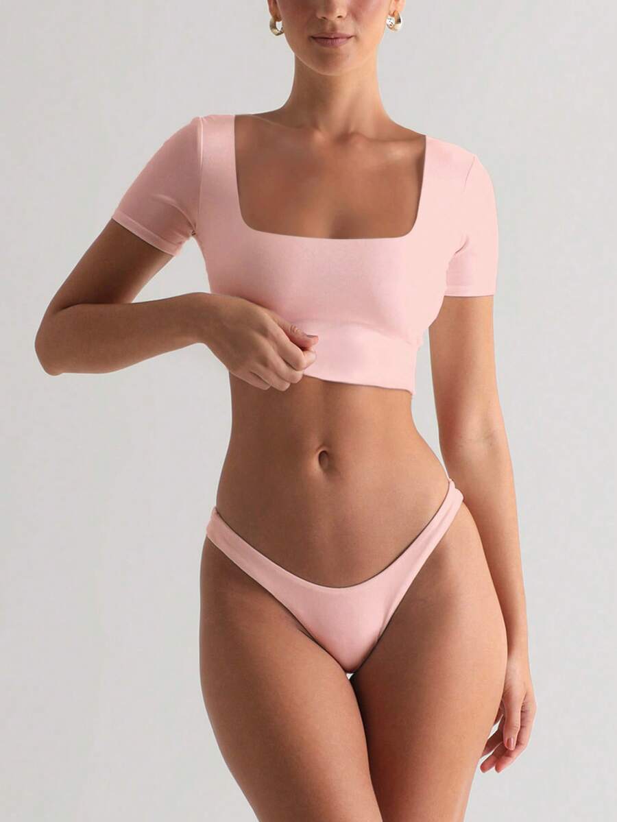 XLLALS 方领短袖夏季 T 恤高弹力凉爽双层基本款修身白色短款上衣女款 - 淺粉色 - 查看 1