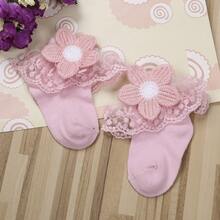 Infant Baby Girls Ruffle Socks, Sweet Eyelet Frilly Lace Princess Ankle Socks With Sunflower Applique - Pink - View 5