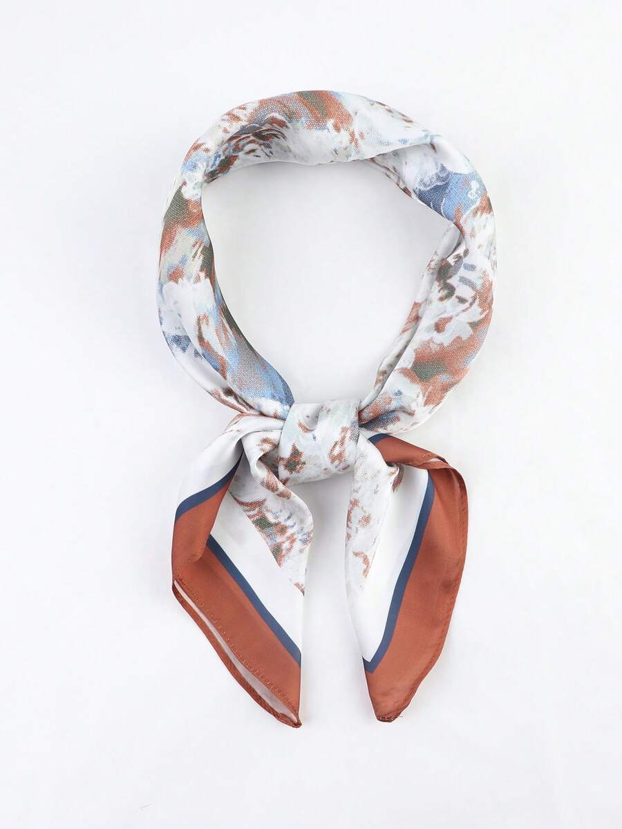 1pc Printed Chain Pattern Square Scarf, Fashionable Headscarf/Neckerchief Versatile For Daily Wear, Summer - White - View 1