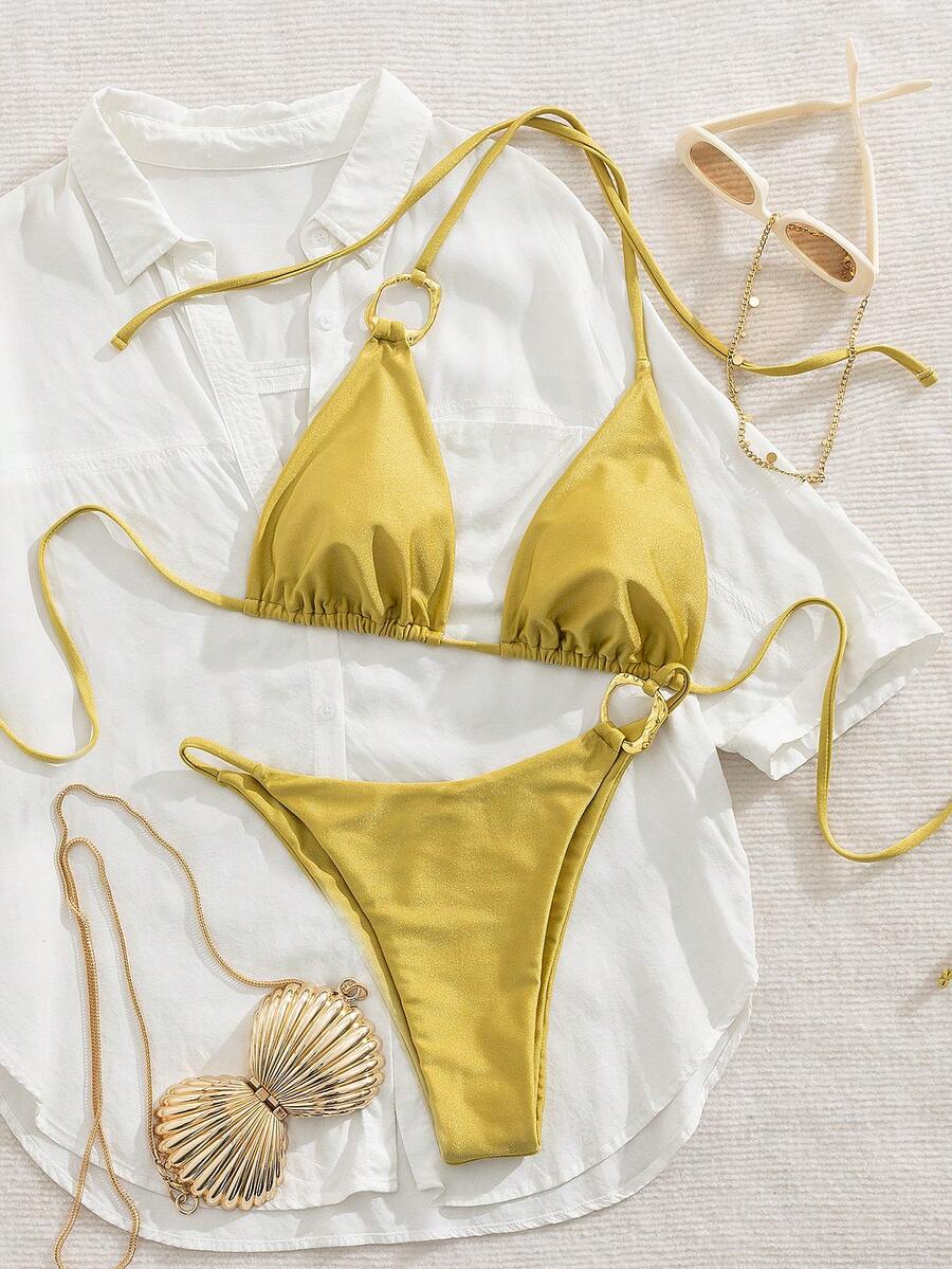 Nuovo bikini da donna a triangolo in colore tinta unita con laccetti sexy