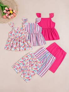 Set de 3 piezas de top sin mangas con estampado floral y rayas + shorts para bebés niñas - Rosa Fucsia - Ver 2
