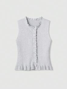 Women's Solid Color Single-Breasted Casual Layered Soft Round Neck Sleeveless Knit Top - Grey - View 1