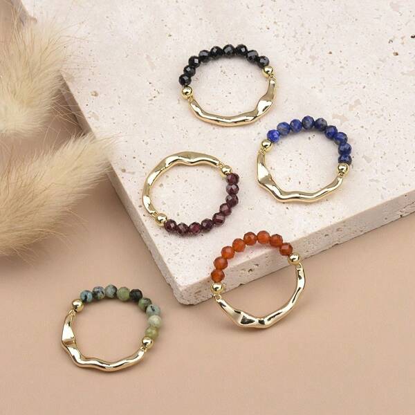 Anillo elástico con cuentas de piedras naturales simples y elegantes de amatista, aventurina verde, granate, aguamarina y cuarzo rosa de 3 mm para mujeres