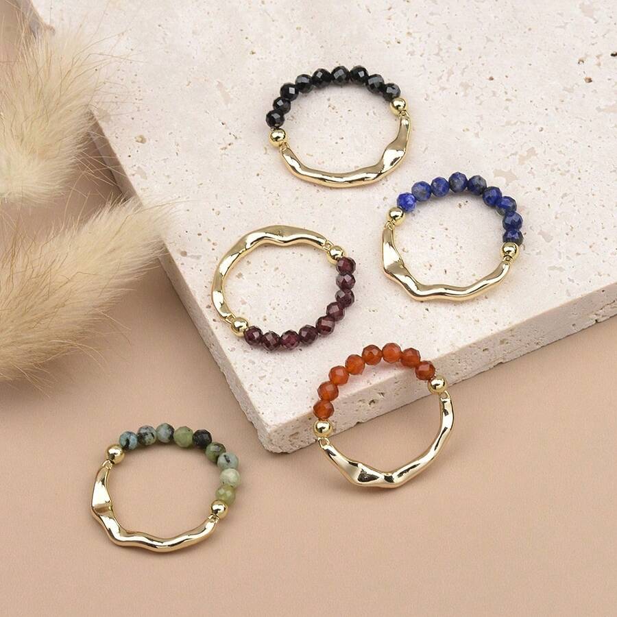 Nhẫn đàn hồi bằng đá thạch anh tím tự nhiên 3mm đơn giản và thanh lịch, đá Aventurine xanh, đá Garnet, đá Aquamarine, đá thạch anh hồng cho phụ nữ