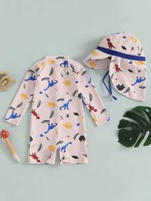 6M-4T Toddler Baby Boy Girls Dinosaur Swimsuit Half Zipper Long Sleeve Rash Guard Bathing Suit With Sun Hat With Neck Flap 2Pcs Set - Khaki - View 6
