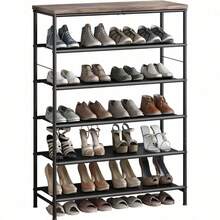 Metal Shoe Rack Organizer With 6 Tiers Industrial Style MDF Board And Layered Fabric For Entryway Closet Bedroom Living Room Garage Black And Rustic Brown Storage Solution - Brown - View 1