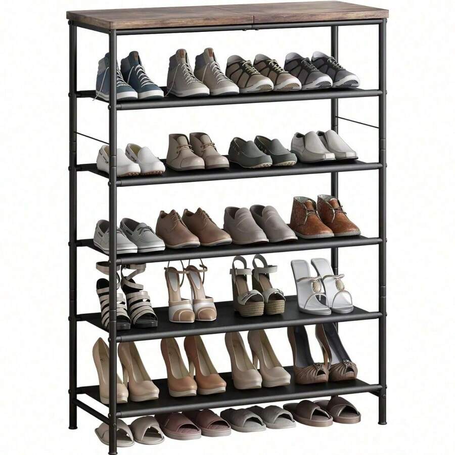 Metal Shoe Rack Organizer With 6 Tiers Industrial Style MDF Board And Layered Fabric For Entryway Closet Bedroom Living Room Garage Black And Rustic Brown Storage Solution - Brown - View 1